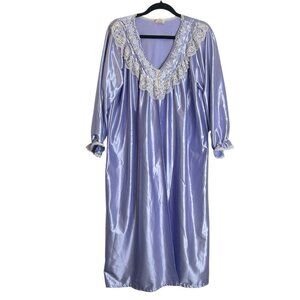 Queentex Vintage Purple Satin Lace Robe Women’s L Long‎ Sleeve Bridal Housecoat